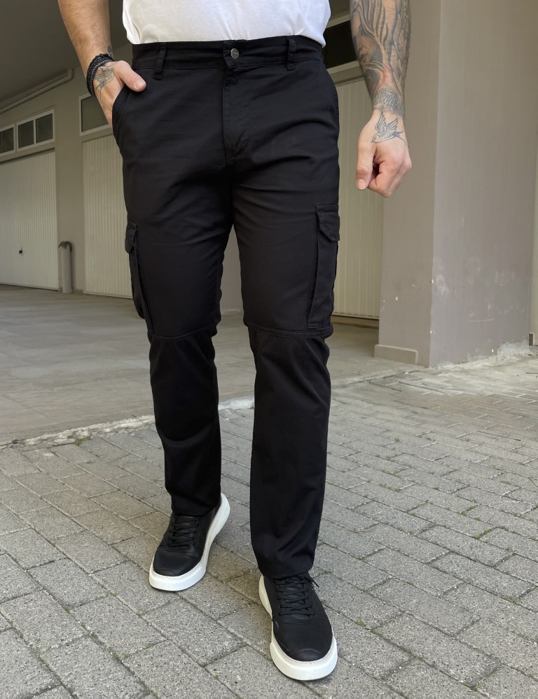 Ανδρικό cargo ίσιο μαύρο υφασμάτινο παντελόνι BO1682 φωτογραφία